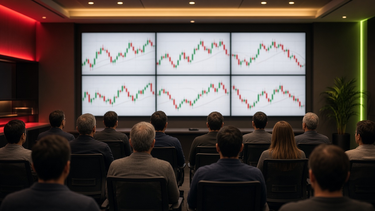 Sala de formación con pantallas de gráficos financieros