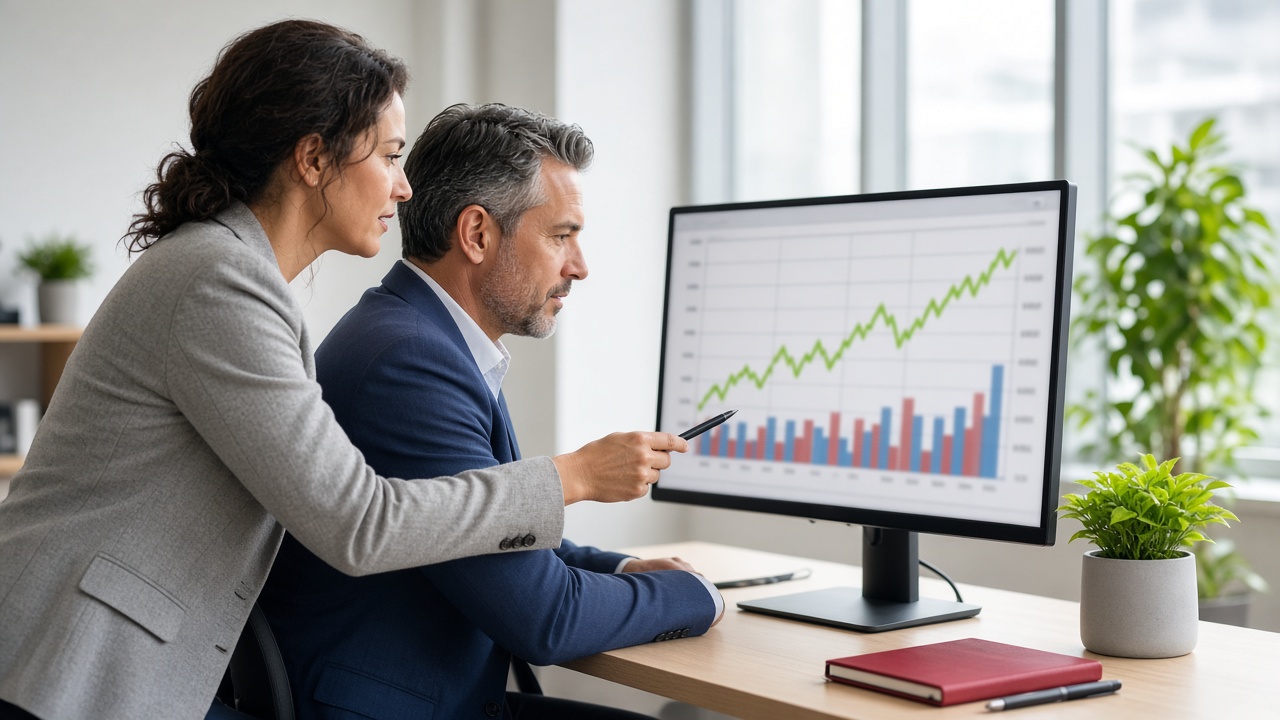 Sesión de mentoría revisando un gráfico en un monitor